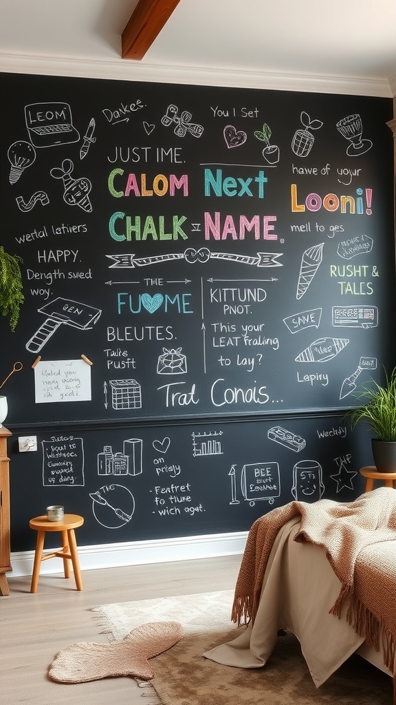 A chalkboard wall filled with colorful drawings and text, showcasing a creative and interactive space.