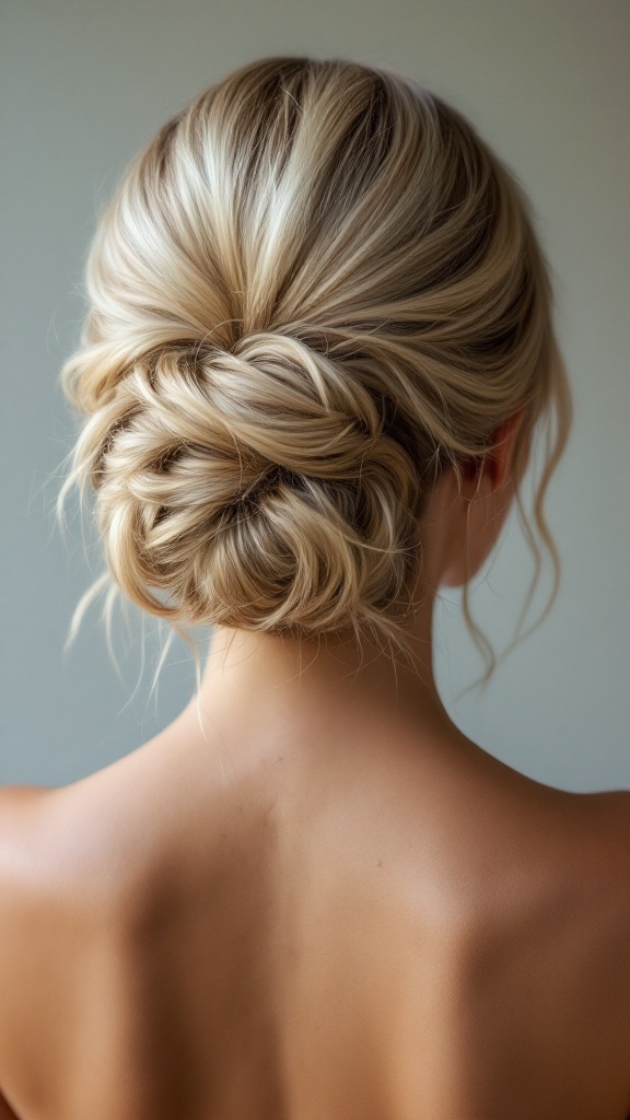 A close-up view of an elegant updo hairstyle featuring champagne blonde highlights.