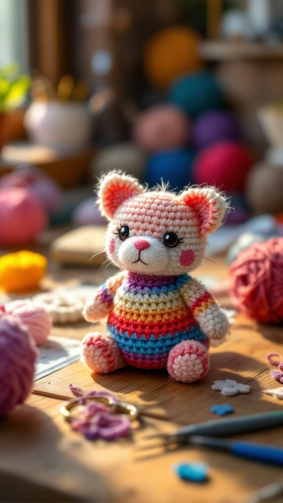 A colorful crochet bear keychain sitting on a crafting table