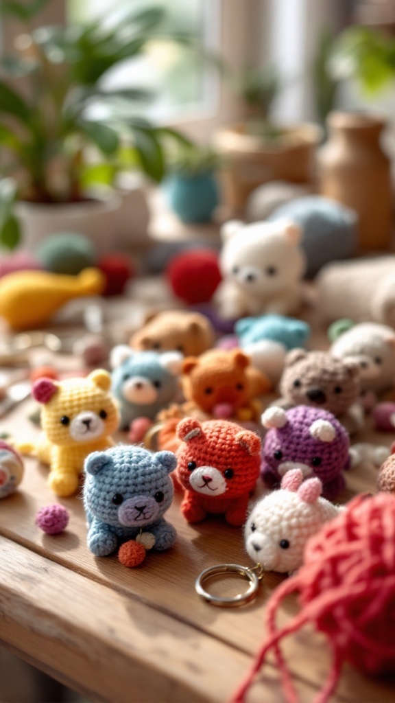 A collection of colorful crochet animal keyrings on a wooden table.