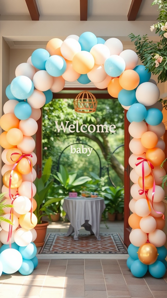 A cheerful balloon arch in blue, white, and orange welcoming guests to a baby shower.