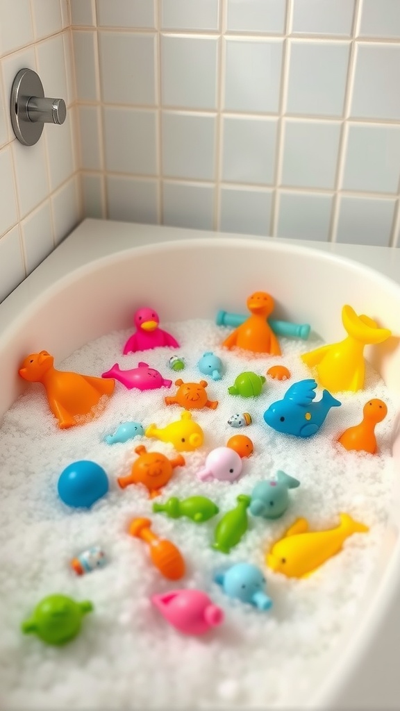 Colorful bath toys floating in a bubbly bathtub.
