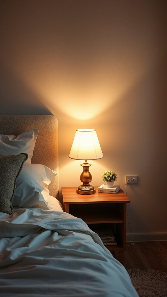A cozy bedroom scene featuring a warm bedside table lamp and a small plant on a nightstand.