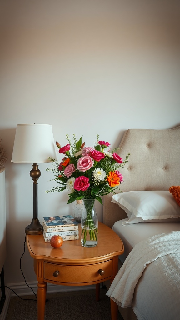 A charming bedside table featuring a bouquet of fresh flowers, a lamp, stacked books, and an orange, creating a cozy atmosphere.