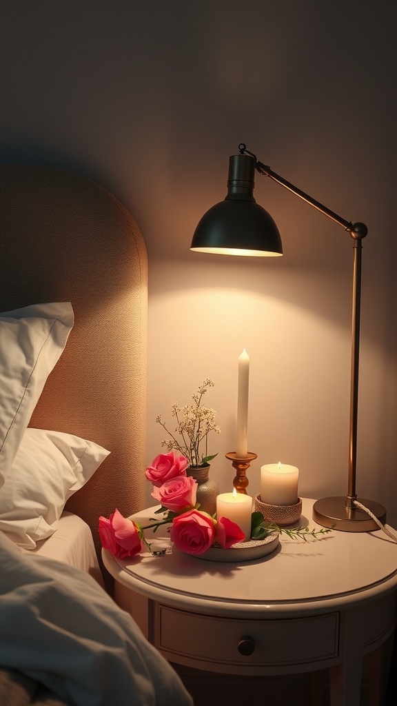 A stylish bedside table with a lamp, pink roses, candles, and a small decorative vase.