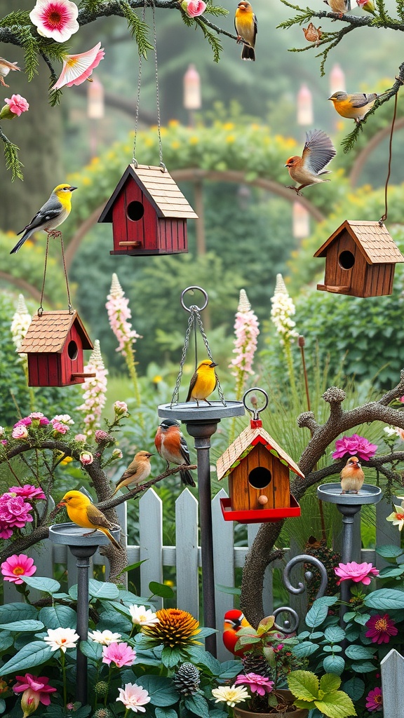 Colorful birdhouses and feeders surrounded by flowers and birds in a Victorian garden.