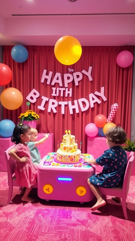 Children celebrating a first birthday party with a colorful cake and balloons