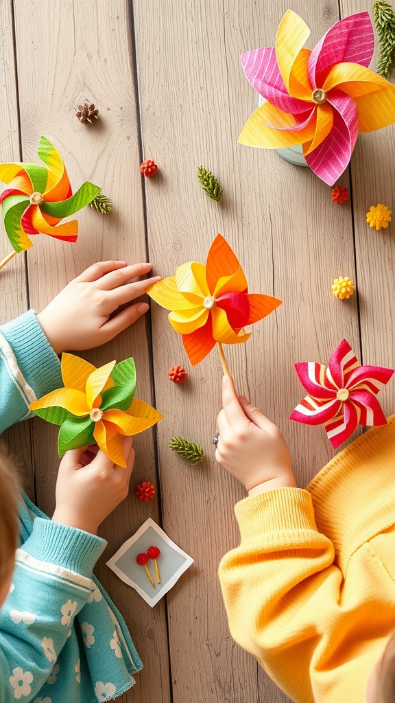 Kids making colorful wind spinners from craft materials, with vibrant paper and decor on a wooden table.