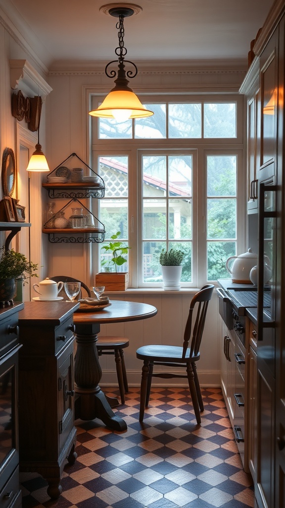 Cozy Victorian kitchen with a round table, chair, and large windows.