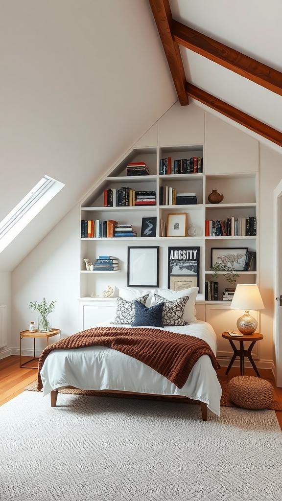 A cozy bedroom with sloped ceilings featuring built-in shelves filled with books and decorative items.