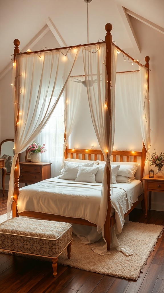 A cozy cottage bedroom featuring a canopy bed with flowing curtains and string lights.