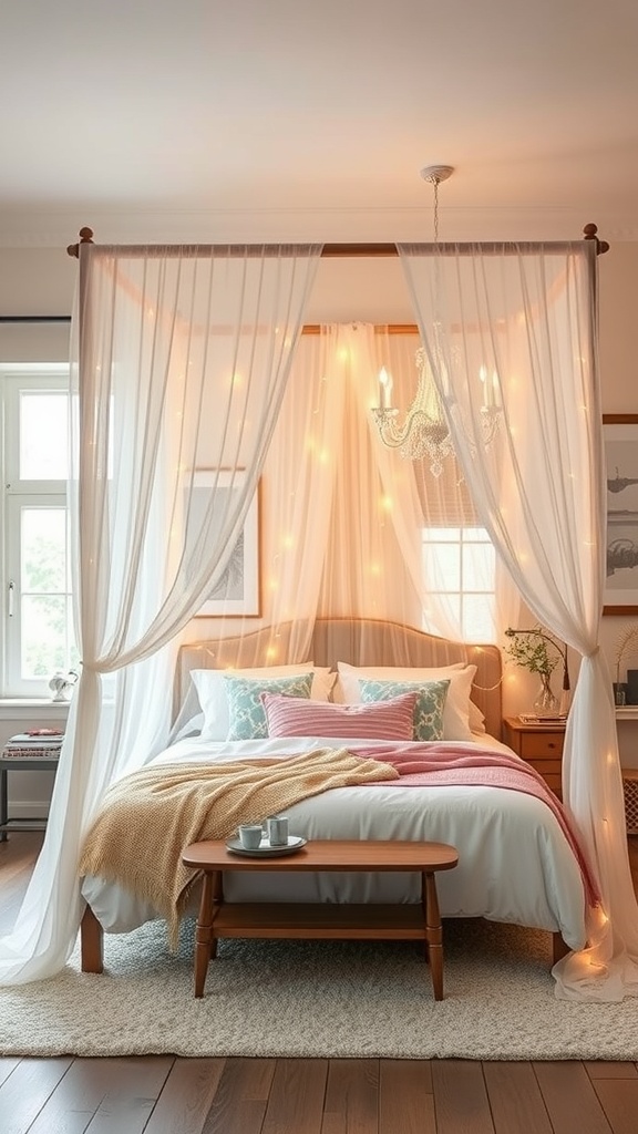 A cozy bedroom with a canopy bed draped in soft curtains, warm lighting, and inviting bedding.