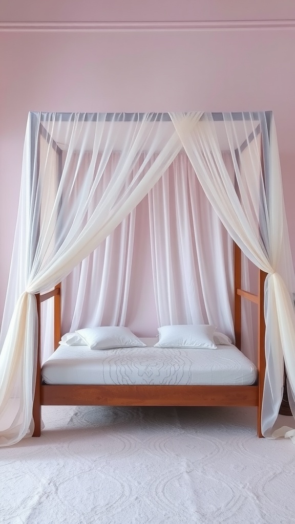 A charming canopy bed with sheer drapes in a pink bedroom.