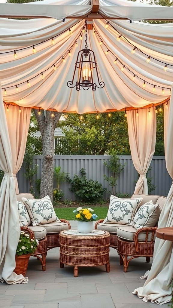 A cozy outdoor canopy setup with draped fabric, warm lighting, comfortable seating, and a table with flowers.
