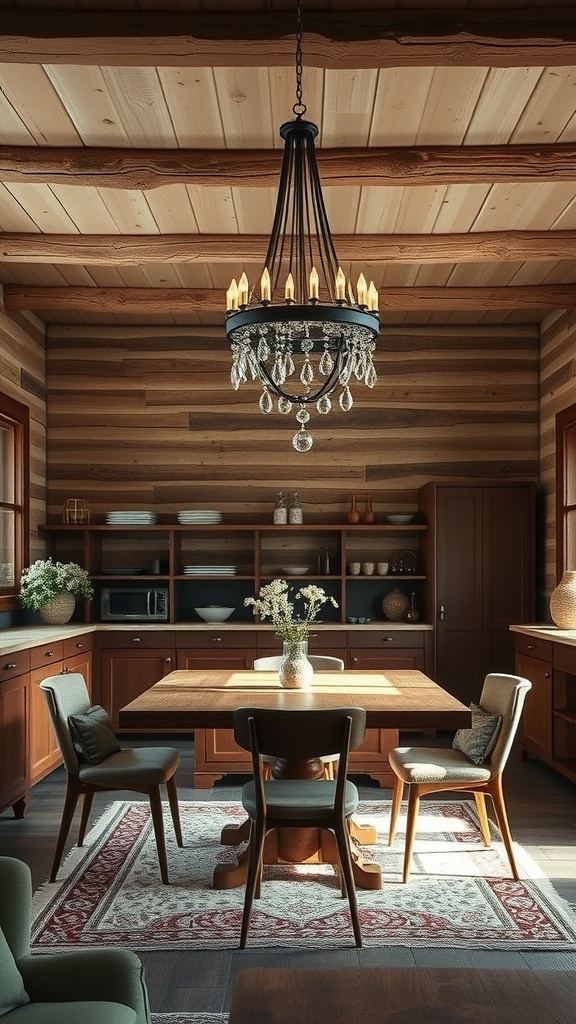 A stylish chandelier hanging over a wooden dining table in a cozy kitchen.