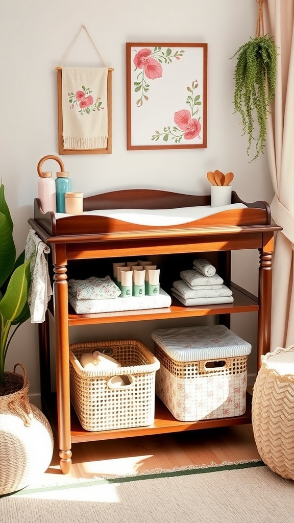A wooden changing table with floral decor, organized with baby essentials in a pink and green nursery.