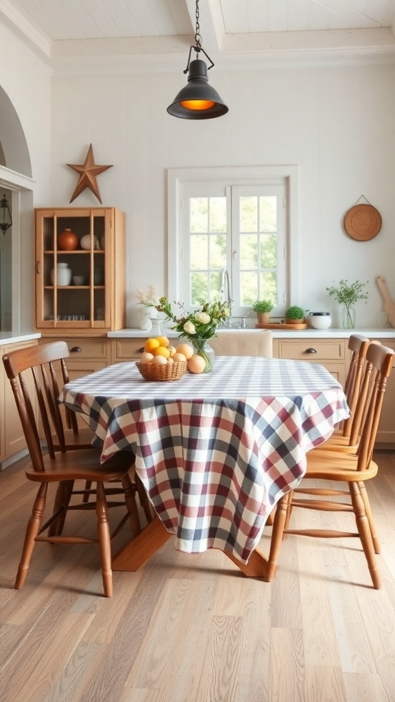 A country kitchen featuring a checkered tablecloth on a round table surrounded by wooden chairs.