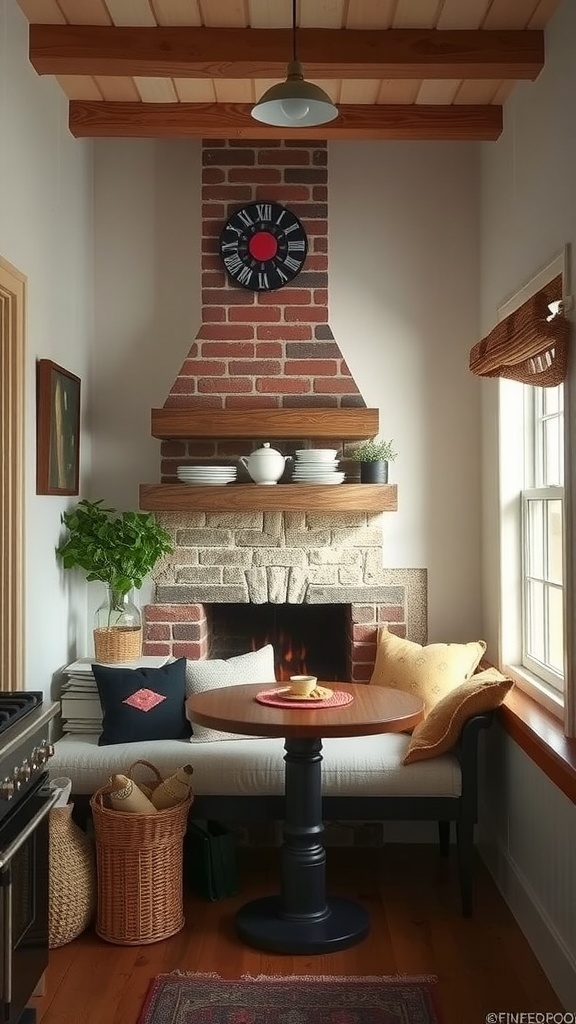 Cozy kitchen nook with a brick chimney, wooden table, and comfortable seating.