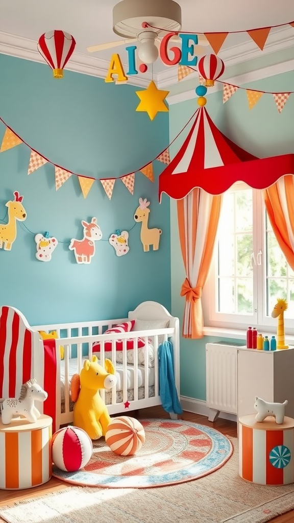 A colorful baby boy room designed with a circus carnival theme featuring bright decor, a crib, plush toys, and playful accents.