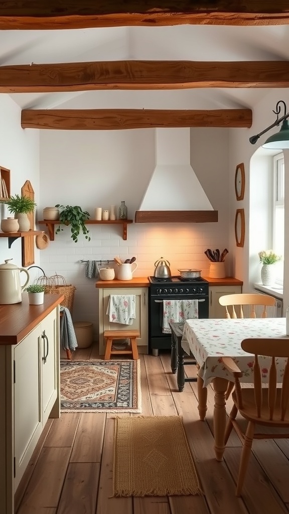 Cozy kitchen with wooden beams, small chimney, and charming decor