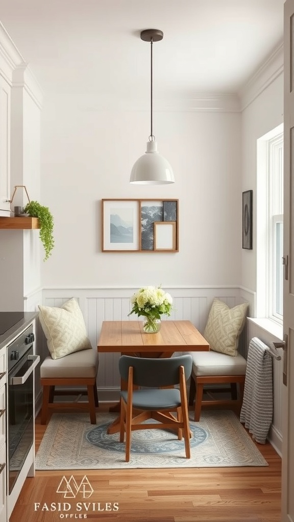 Cozy cottage dining nook with a wooden table, cushioned benches, and a floral centerpiece.