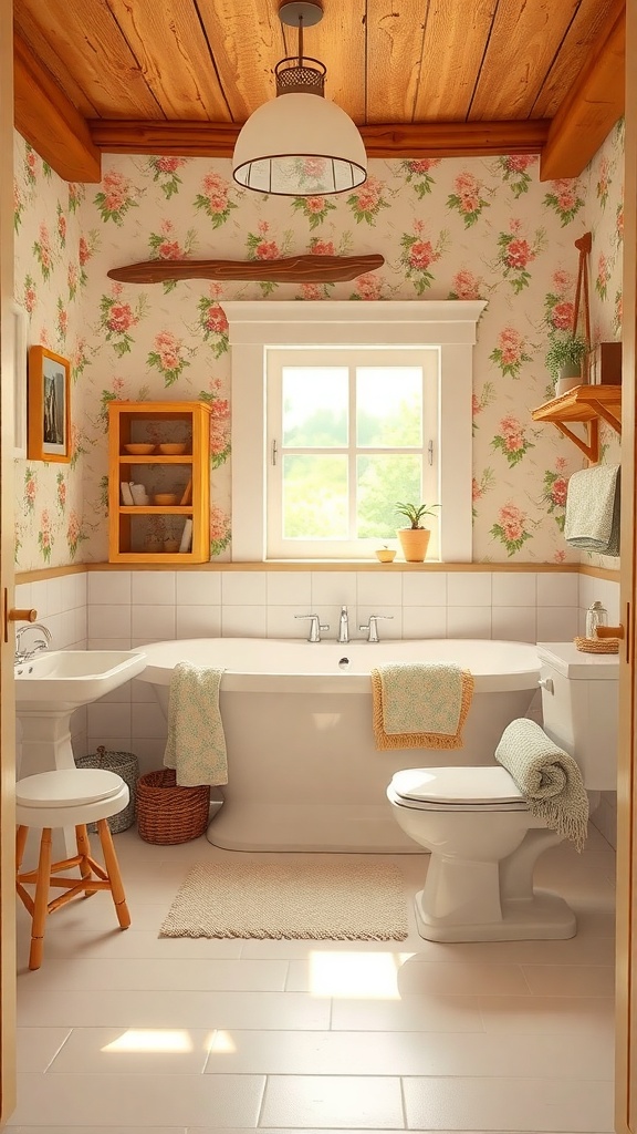 Cozy cottage bathroom with floral wallpaper, freestanding bathtub, and wooden accents.