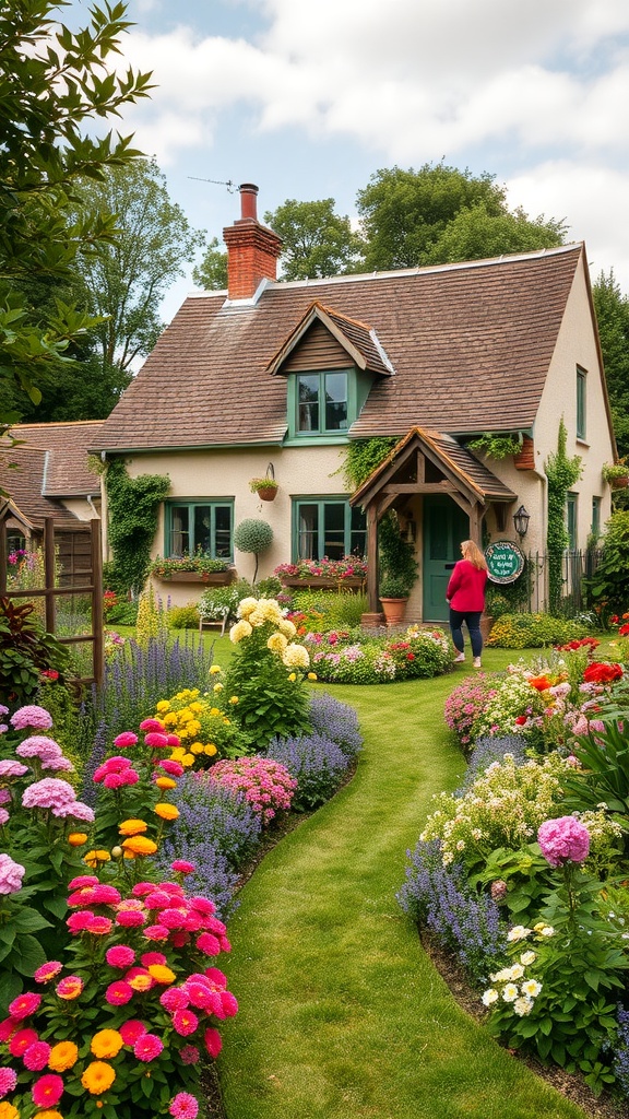 A charming cottage with colorful flower borders and a winding path.