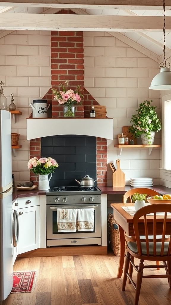 Cozy cottage kitchen featuring a red brick chimney, wooden shelves with plants, and a farmhouse style table.