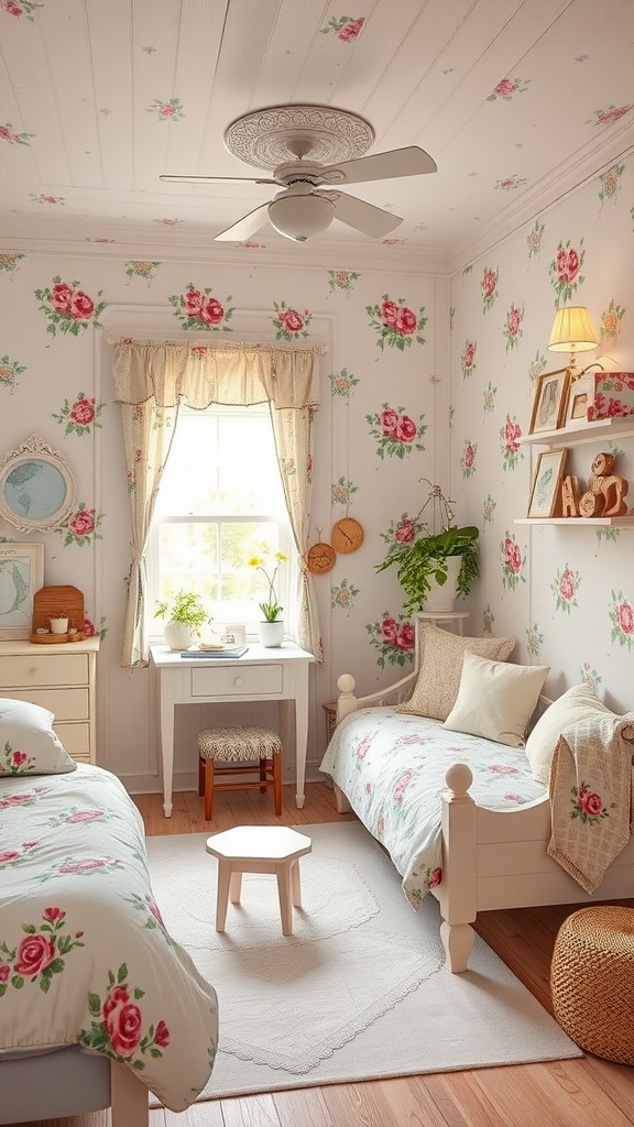 A cozy kids' bedroom with floral wallpaper, two beds, a small table, and a bright window.