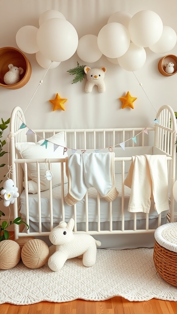 A beautifully decorated baby crib with balloons, stuffed animals, and cozy clothing.