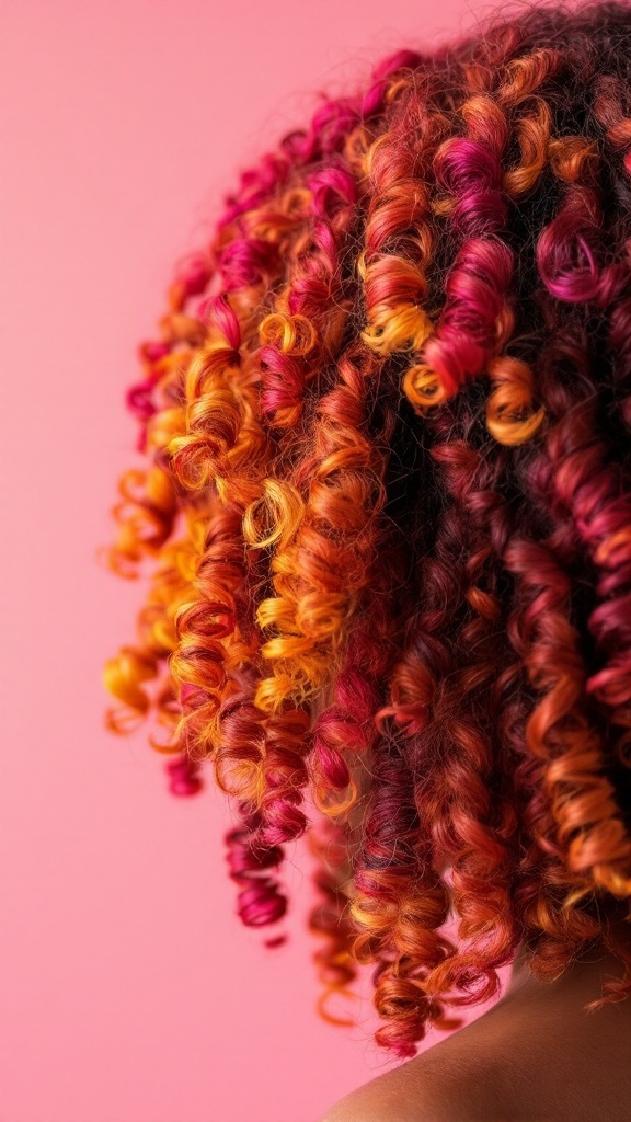 A close-up of vibrant crochet curls in shades of red, orange, and yellow against a pink background.