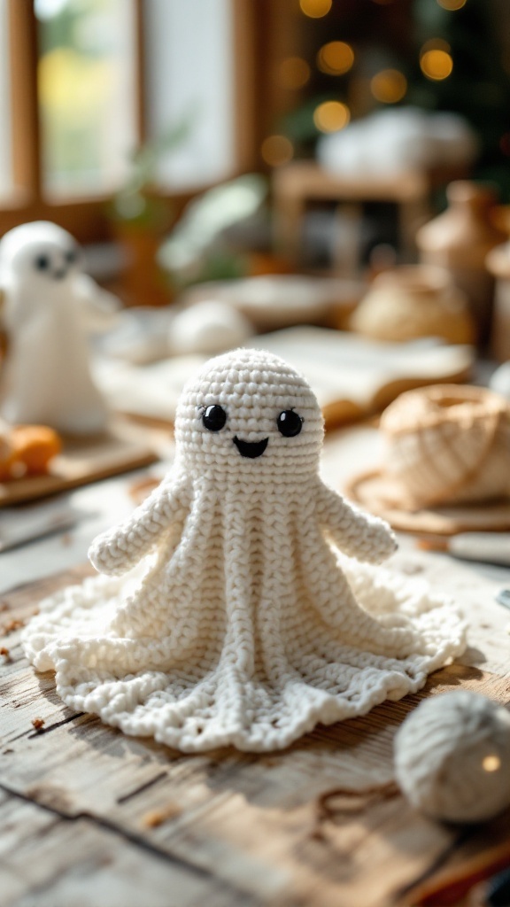A charming crochet ghost with a friendly smile, made of soft white yarn, displayed on a wooden table with a warm atmosphere.