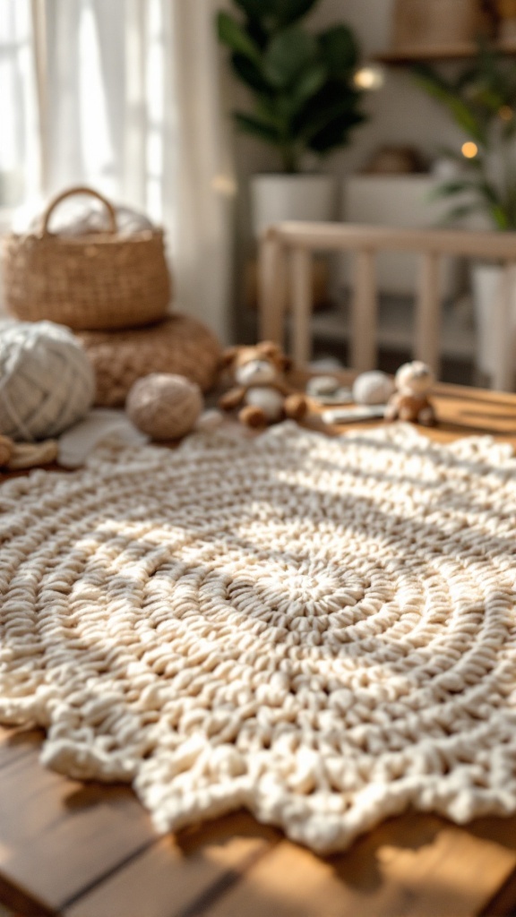 A cozy crochet rug in a nursery setting, surrounded by natural decor elements like baskets and soft toys.