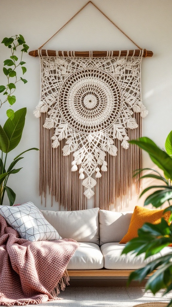 A beautiful crochet wall hanging with intricate patterns and natural fibers, displayed above a cozy couch with decor items.