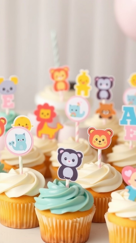 Colorful animal-themed cupcake toppers on frosted cupcakes