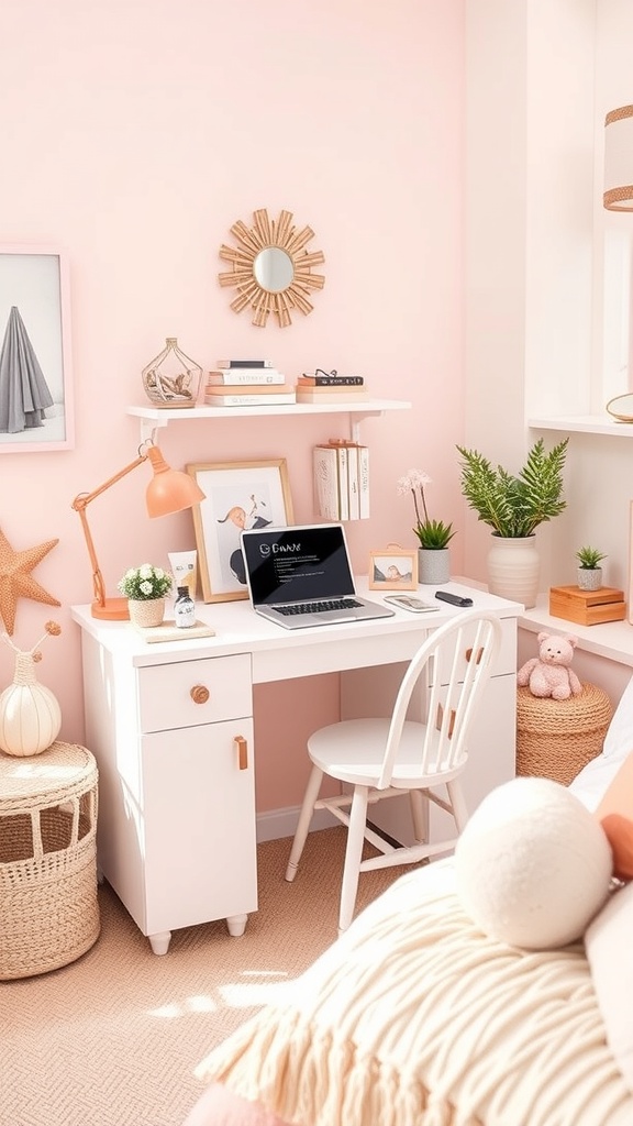 A charming girly desk space with a white desk, pink walls, and decorative elements.