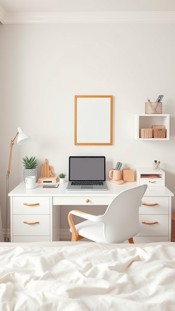 A stylish and organized desk space featuring a white desk, laptop, decorative plants, and a lamp.