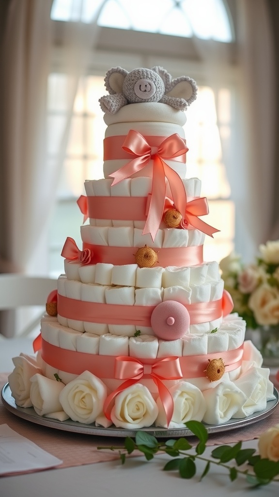 A beautifully arranged diaper cake decorated with ribbons, a plush toy, and flowers.