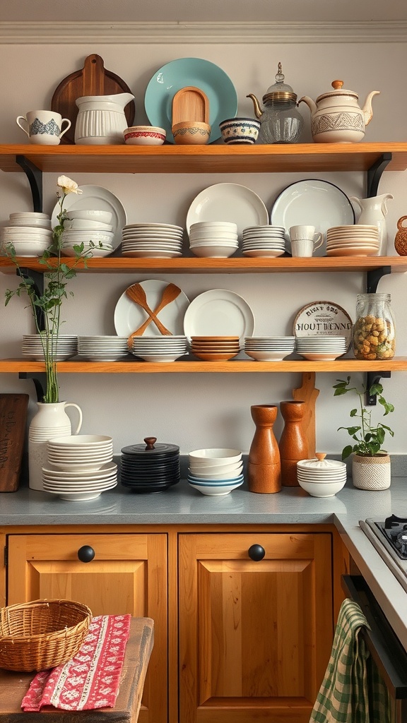 A charming display of dishes and decor in a boho-style kitchen with shelves filled with plates, cups, and wooden accents.