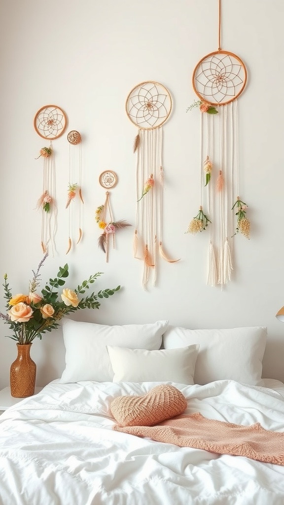 A cozy bedroom featuring DIY dreamcatcher wall hangings with flowers, a white bed, and a vase of roses.