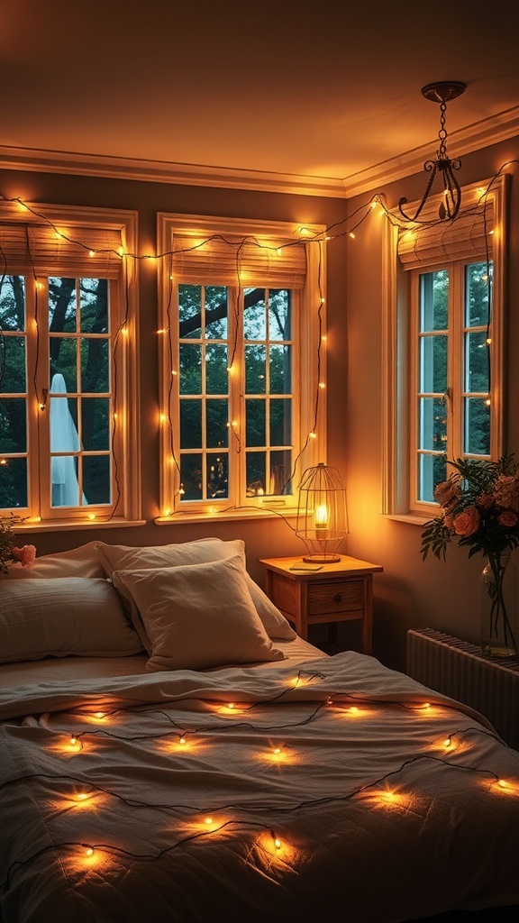 A cozy bedroom with warm fairy lights draped around the windows and bed.