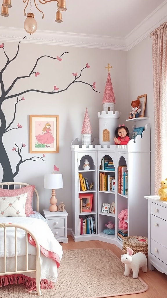 A charming kids bedroom featuring a castle-shaped bookshelf, tree wall art, and soft bedding.
