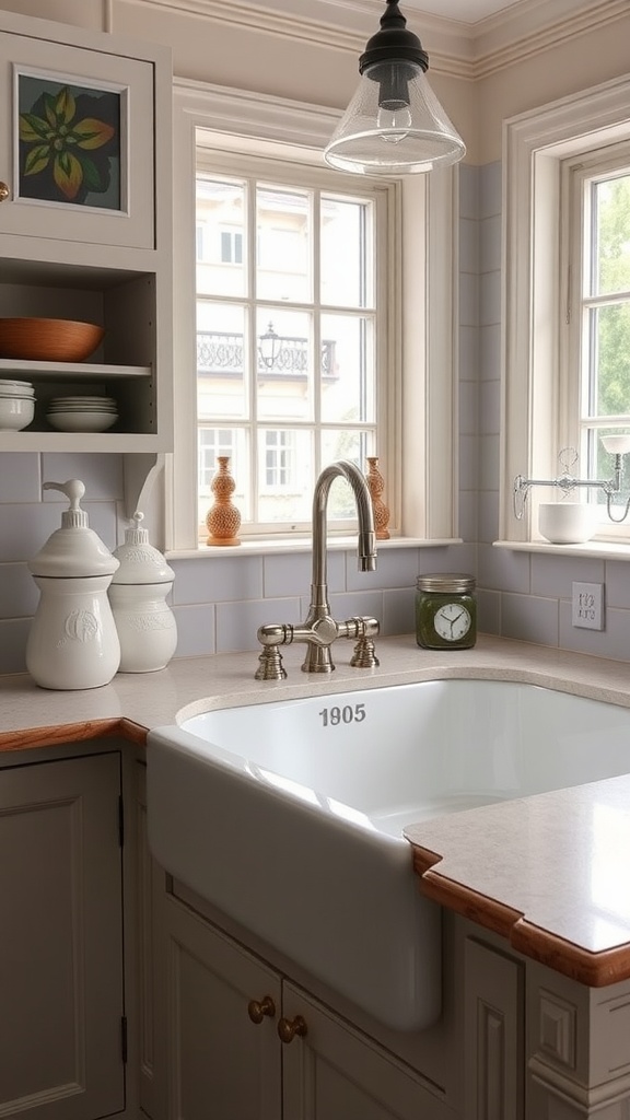 A charming farmhouse sink with the year 1905 embossed, surrounded by a bright kitchen setting, featuring wooden countertops and elegant decor.