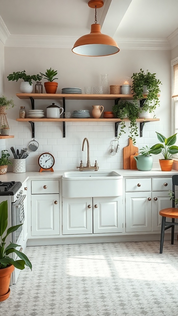A charming kitchen featuring a farmhouse sink, open shelving with plants, and warm wood accents.