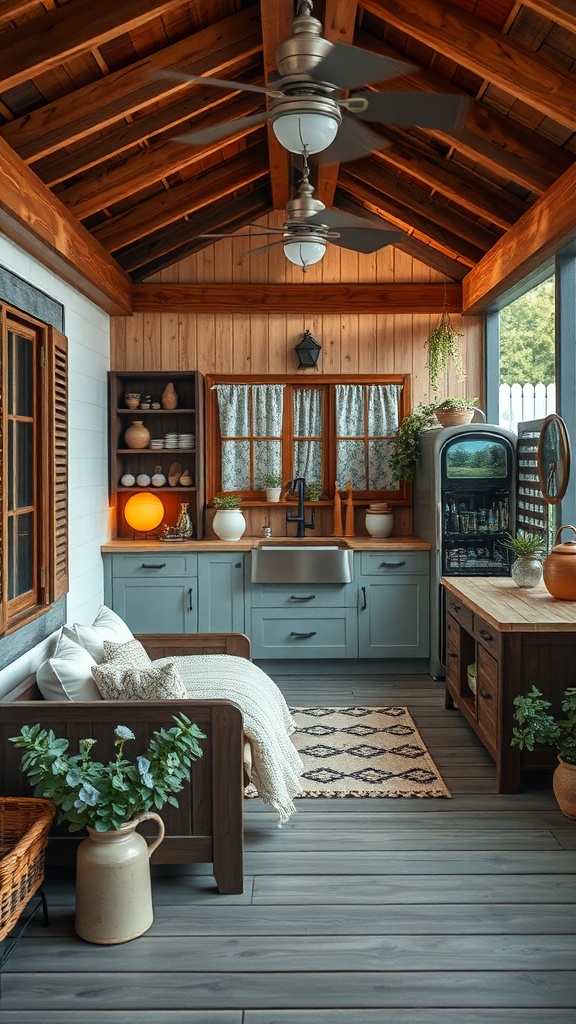 A charming farmhouse style outdoor kitchen with wooden beams, cozy seating, and warm lighting.