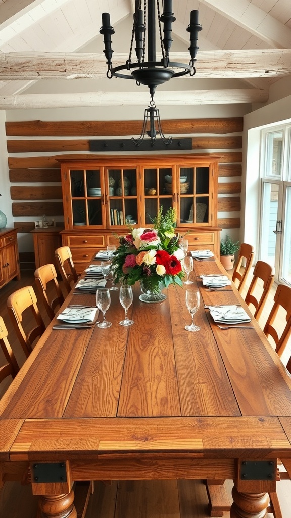 A rustic wooden farmhouse dining table set with floral centerpiece and elegant place settings.
