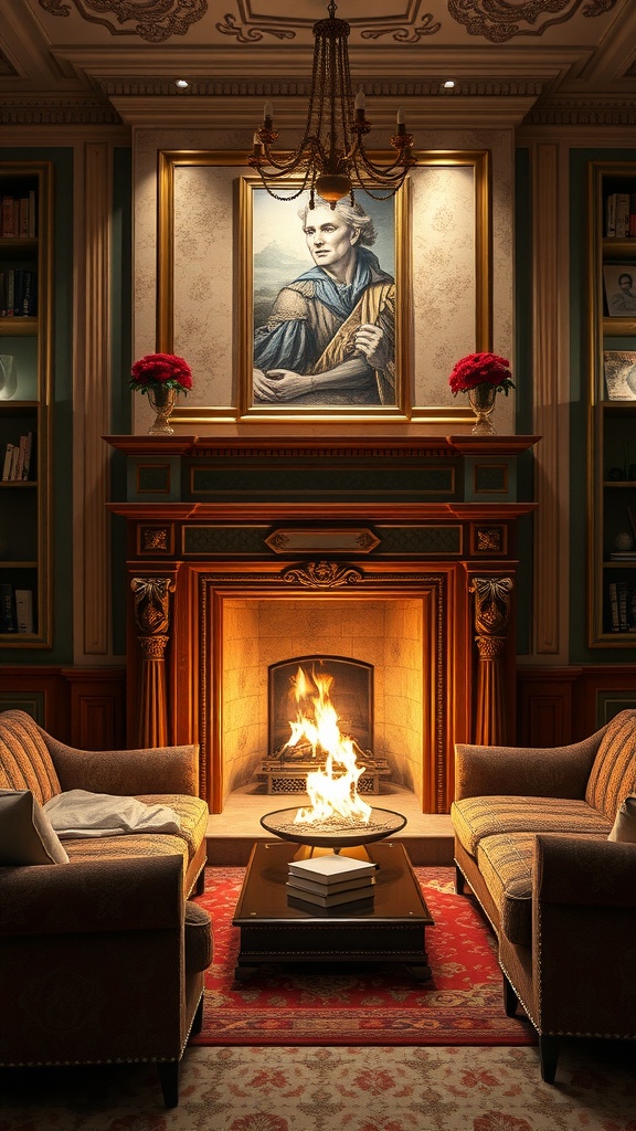 A luxurious bedroom fireplace with elegant décor and plush seating.