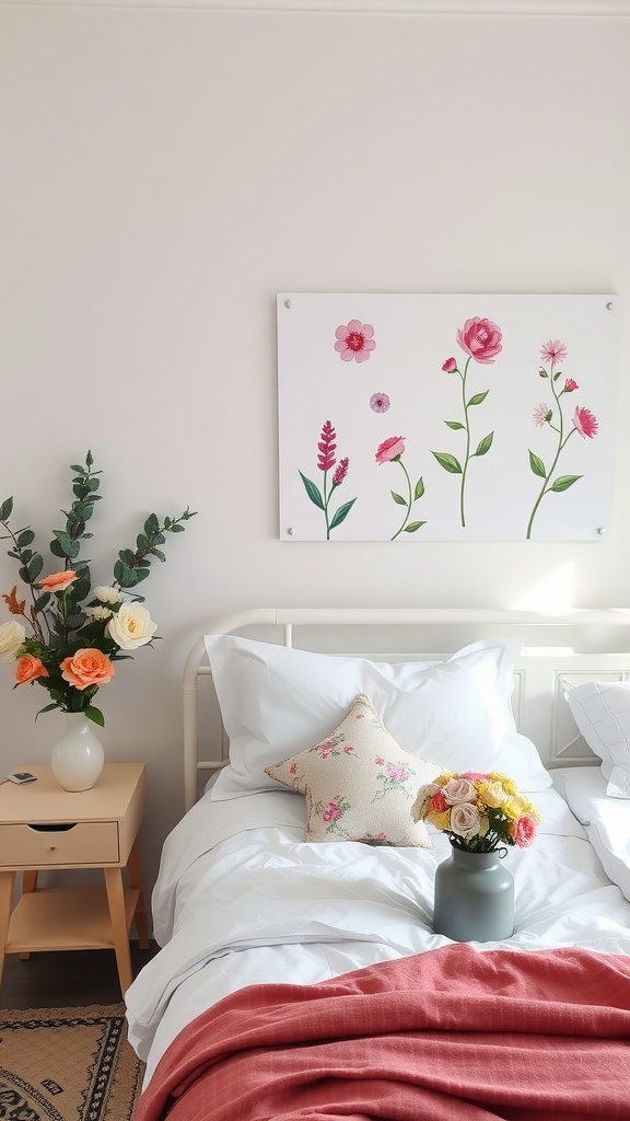 A cozy bedroom with floral accents including a wall art and a flower arrangement on the bedside table.