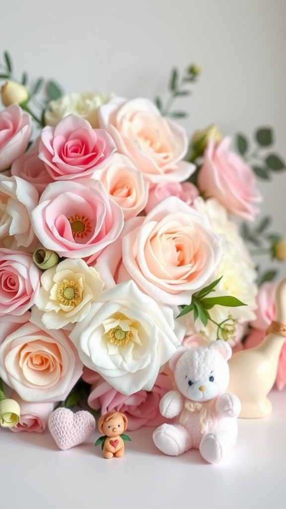 Floral arrangement with pink and white roses, teddy bear, and baby-themed decorations