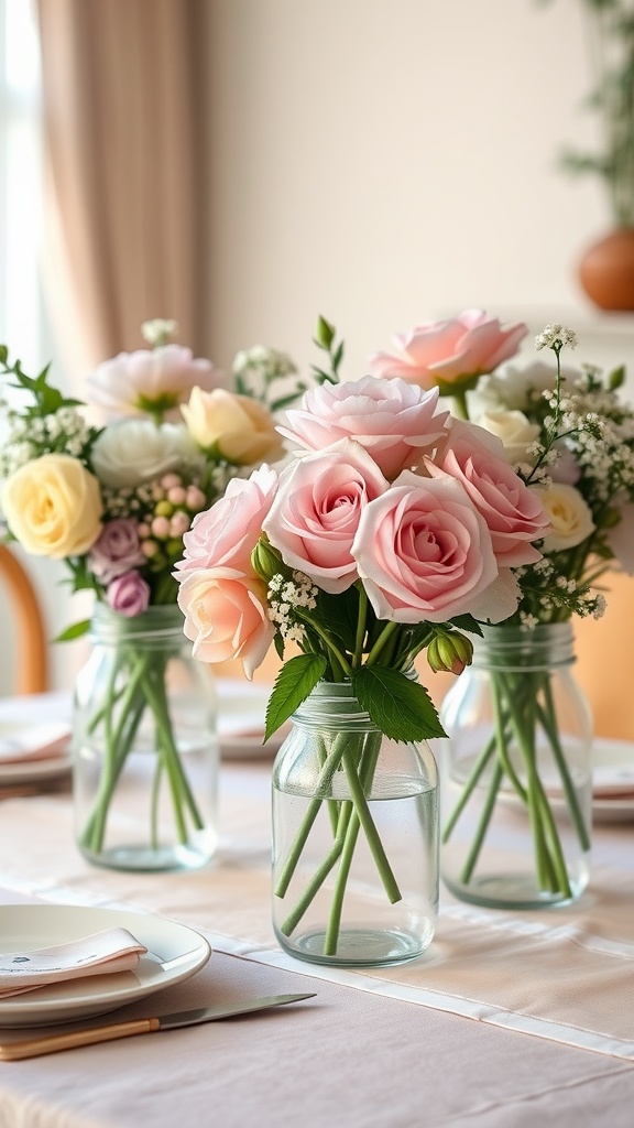 Floral centerpieces in mason jars with pink roses and greenery for a baby shower table decor.